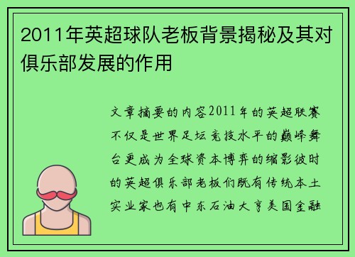 2011年英超球队老板背景揭秘及其对俱乐部发展的作用
